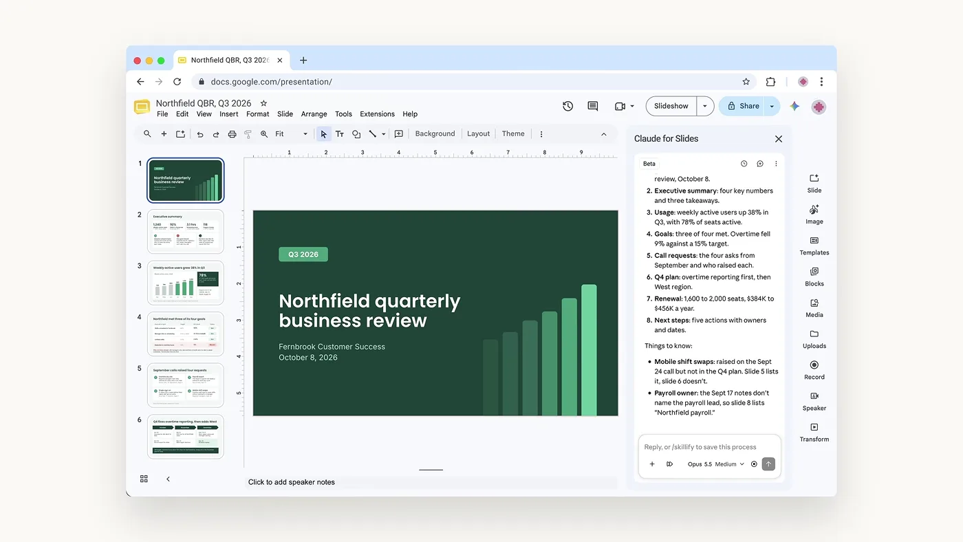 Presentación de Google Slides con diapositivas nuevas hechas por Claude con el mismo diseño.